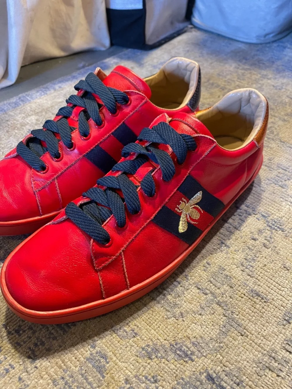 Gucci Red Leather Sneakers with Black Stripe and Gold Bee